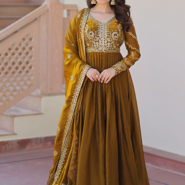 Vedant Vastram Russian Silk Embroidery & Sequence Work Stitched Ethnic Gown-Mahendi