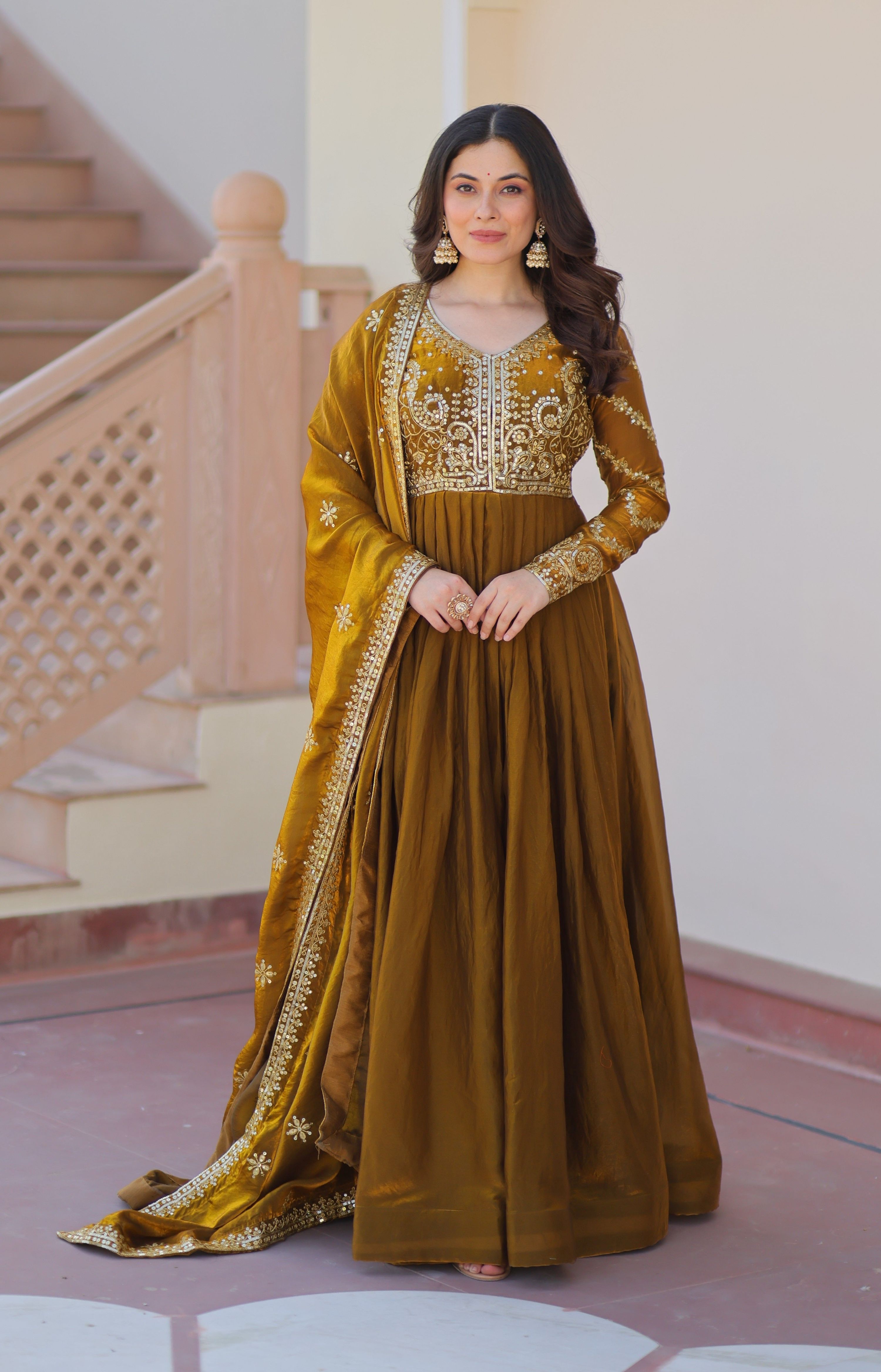 Vedant Vastram Russian Silk Embroidery & Sequence Work Stitched Ethnic Gown-Mahendi