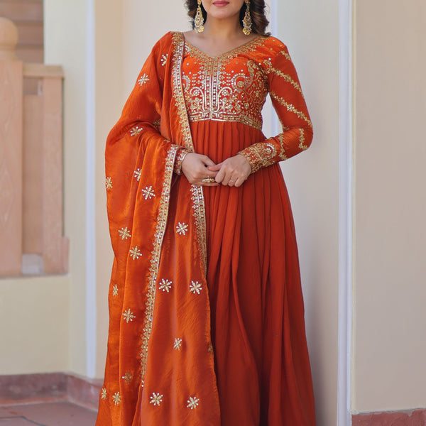Vedant Vastram Russian Silk Embroidery & Sequence Work Stitched Ethnic Gown-Orange