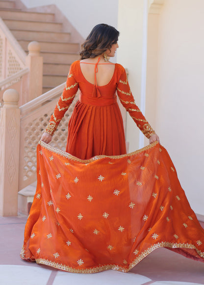 Vedant Vastram Russian Silk Embroidery & Sequence Work Stitched Ethnic Gown-Orange - Distacart