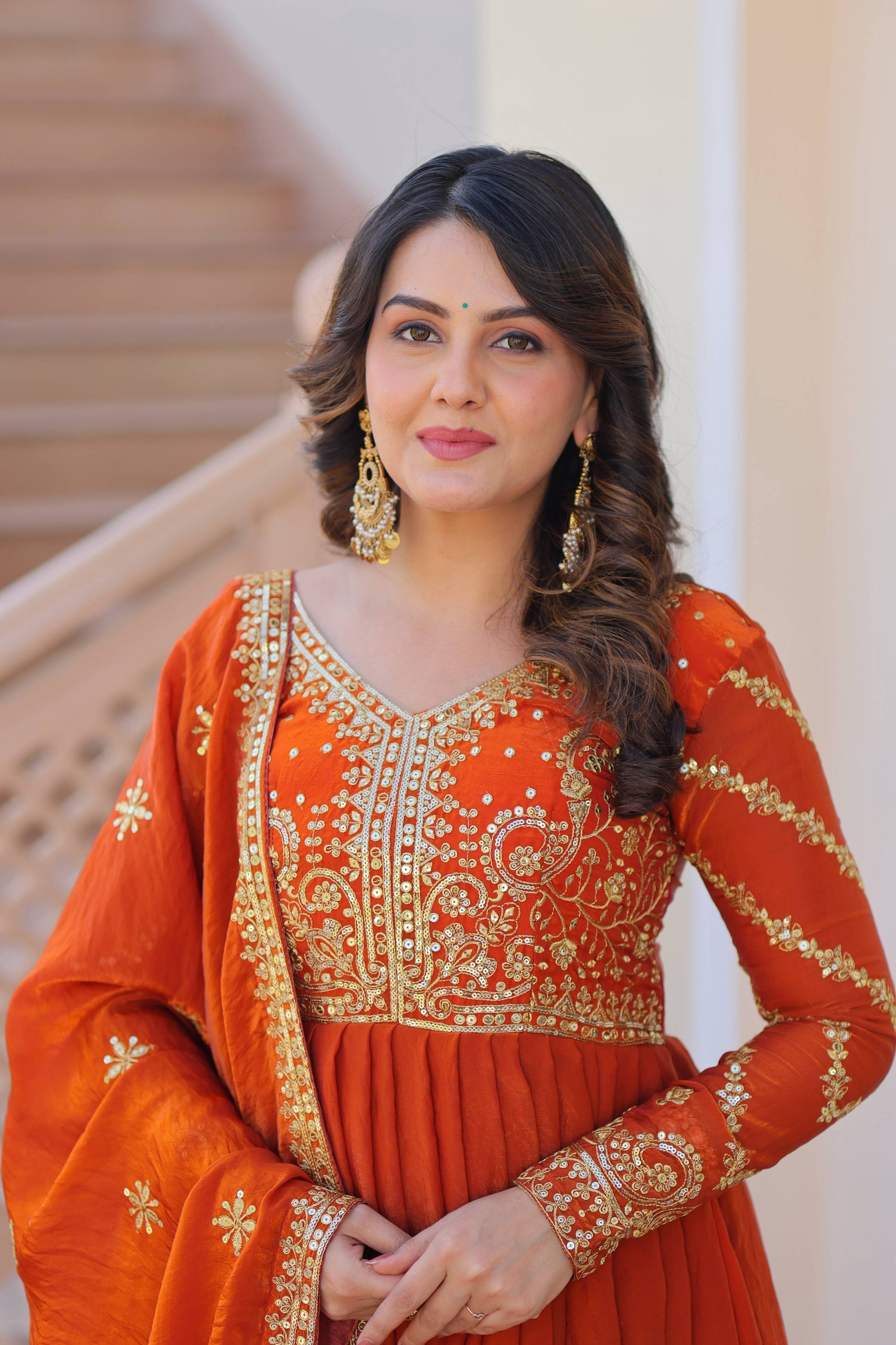 Vedant Vastram Russian Silk Embroidery & Sequence Work Stitched Ethnic Gown-Orange - Distacart