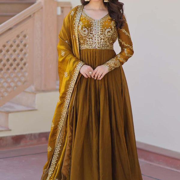 Prazu Fashion Mahendi Silk Embroidered Gown With Dupatta - Distacart