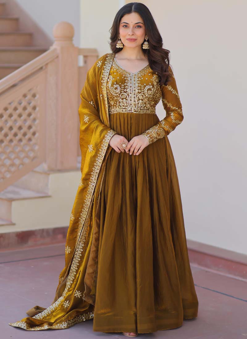 Prazu Fashion Mahendi Silk Embroidered Gown With Dupatta - Distacart