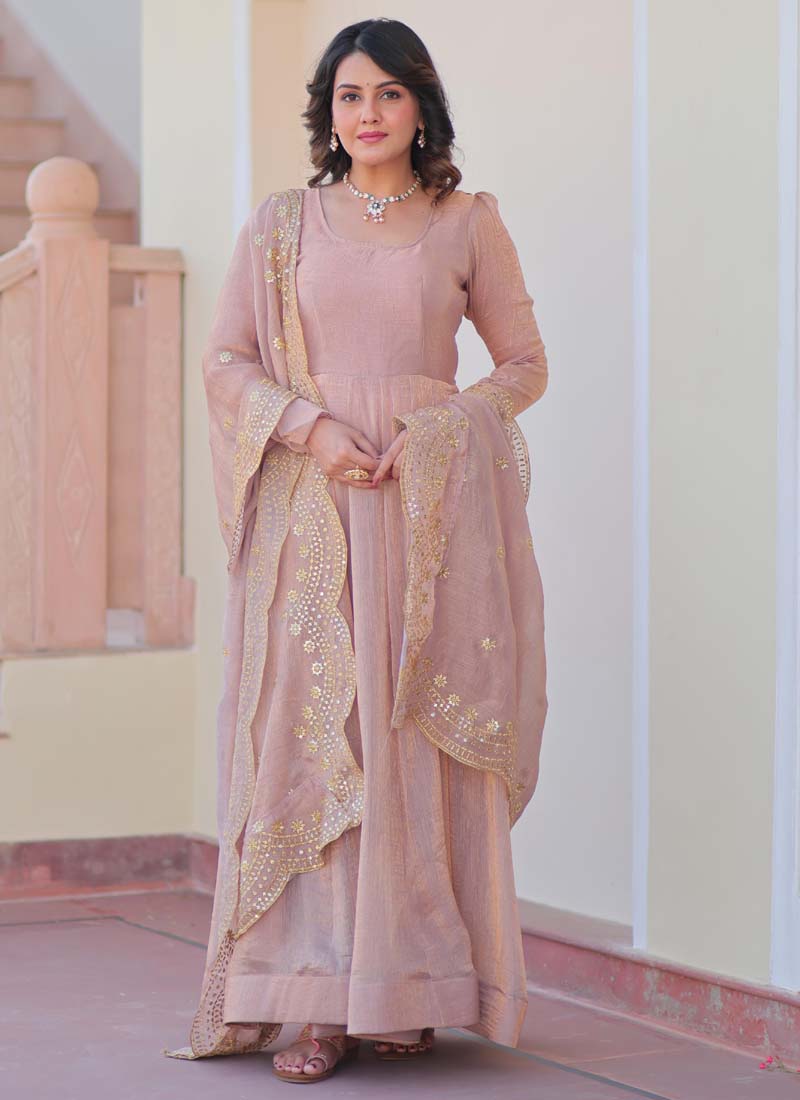Prazu Fashion Light Peach Fendy Chiffon Embroidered Gown With Dupatta - Distacart