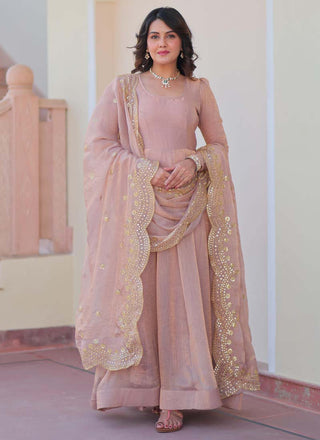Prazu Fashion Light Peach Fendy Chiffon Embroidered Gown With Dupatta