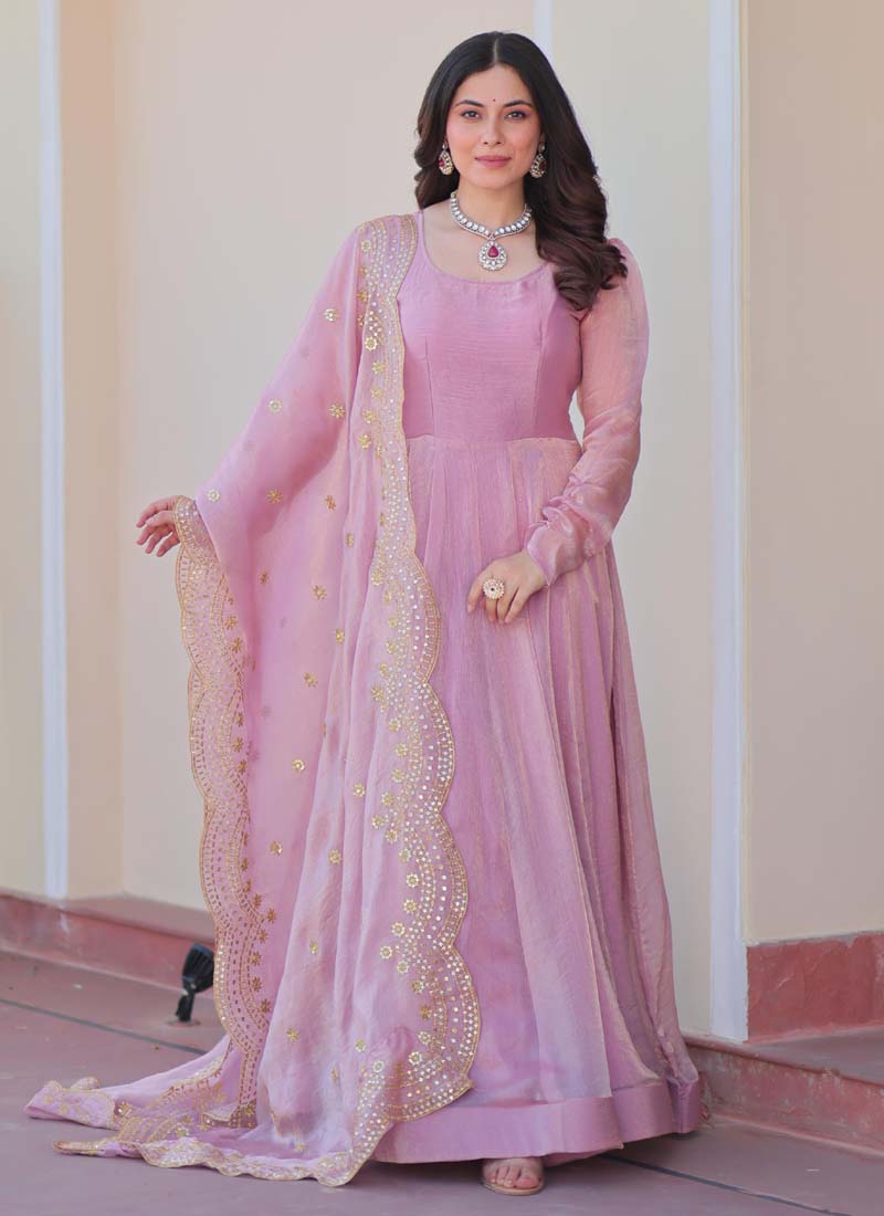 Prazu Fashion Pink Fendy Chiffon Embroidered Gown With Dupatta