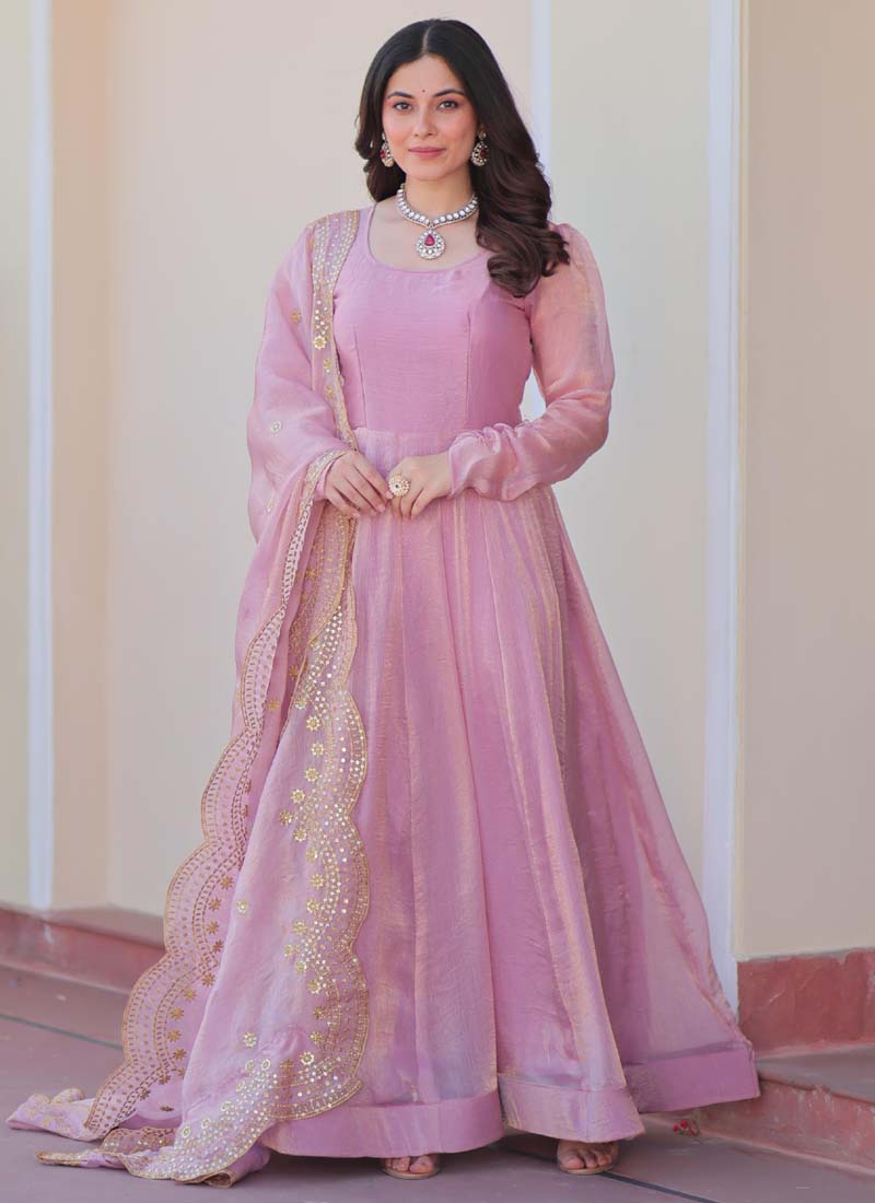Prazu Fashion Pink Fendy Chiffon Embroidered Gown With Dupatta