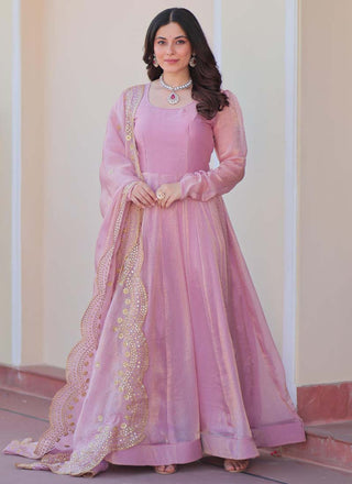 Prazu Fashion Pink Fendy Chiffon Embroidered Gown With Dupatta