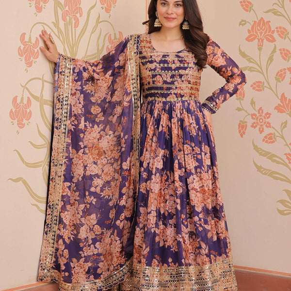 Vedant Vastram Russian Silk Embroidery & Sequence Work Stitched Ethnic Gown-Purple