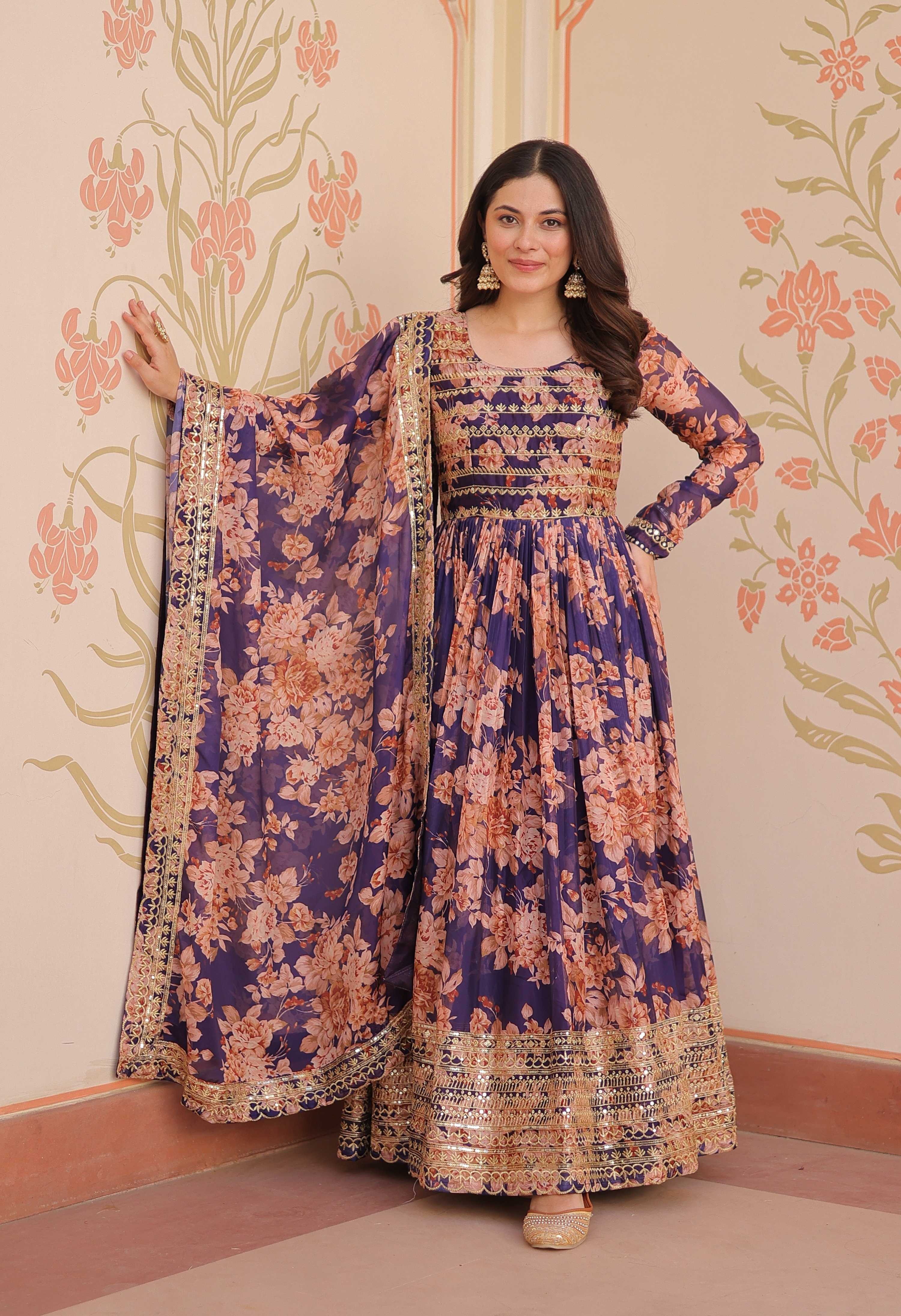 Vedant Vastram Russian Silk Embroidery & Sequence Work Stitched Ethnic Gown-Purple