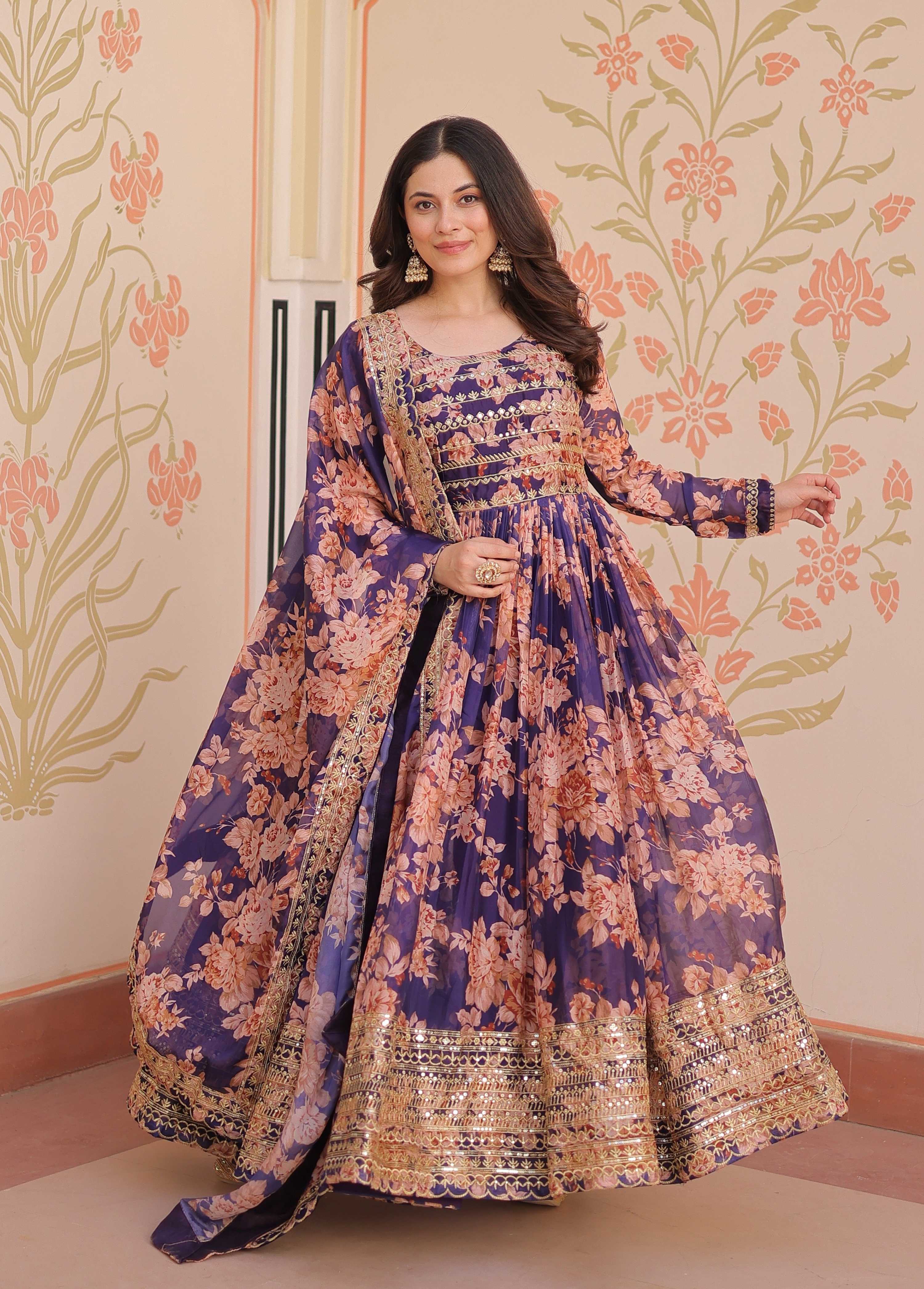 Vedant Vastram Russian Silk Embroidery & Sequence Work Stitched Ethnic Gown-Purple