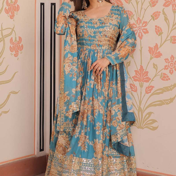 Prazu Fashion Sky Blue Russian Silk Embroidered Gown With Dupatta - Distacart