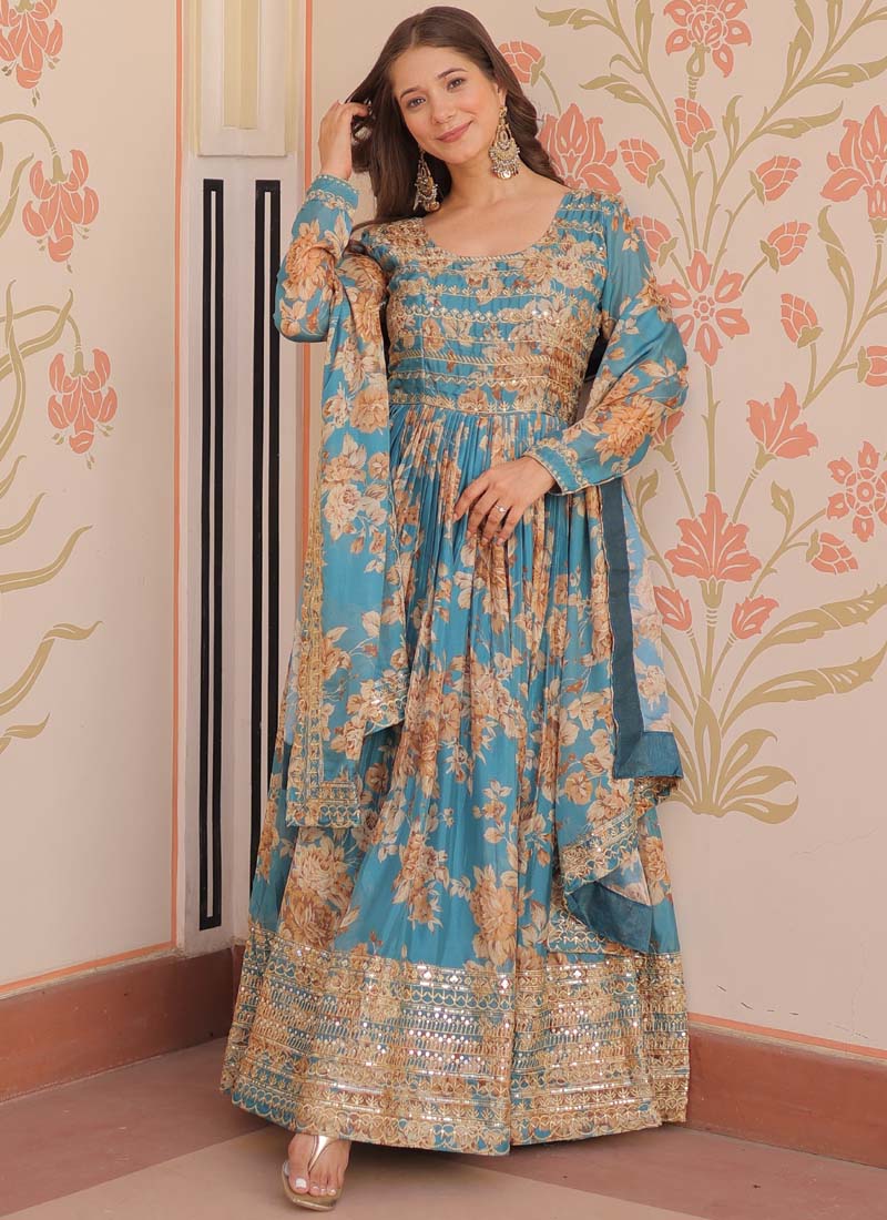 Prazu Fashion Sky Blue Russian Silk Embroidered Gown With Dupatta - Distacart