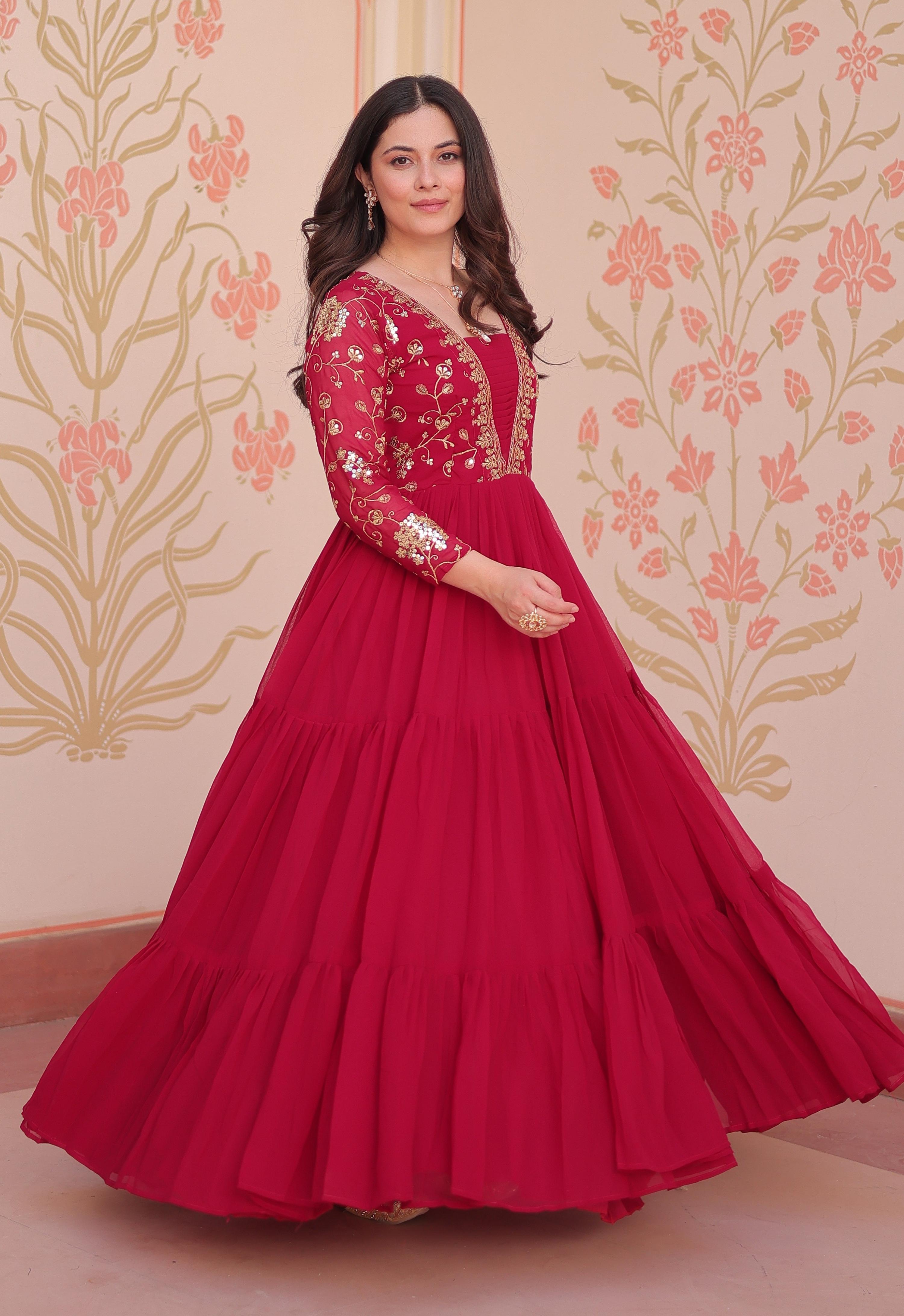 Vedant Vastram Georgette Embroidery & Sequence Work Stitched Ethnic Gown-Pink