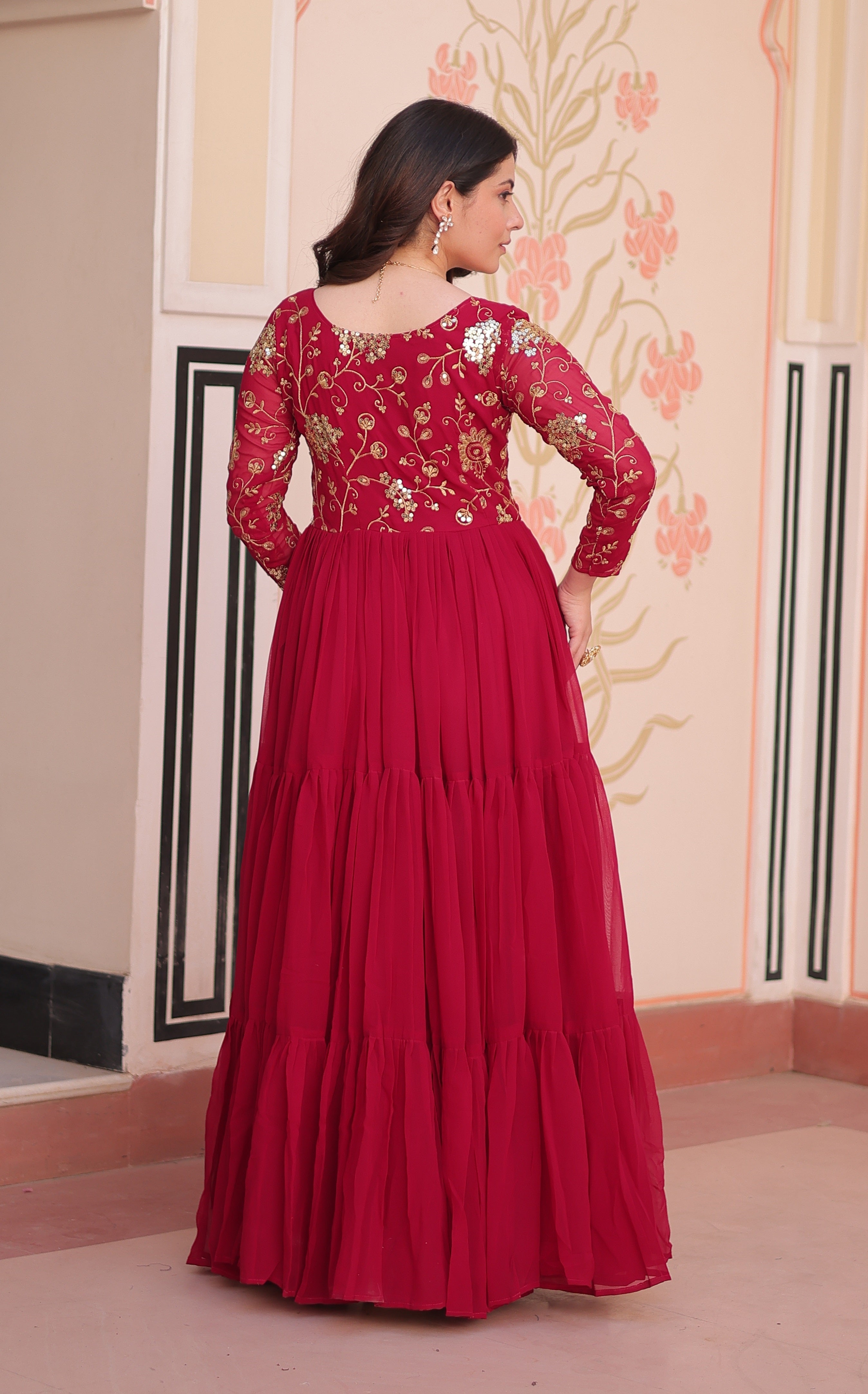 Vedant Vastram Georgette Embroidery & Sequence Work Stitched Ethnic Gown-Pink