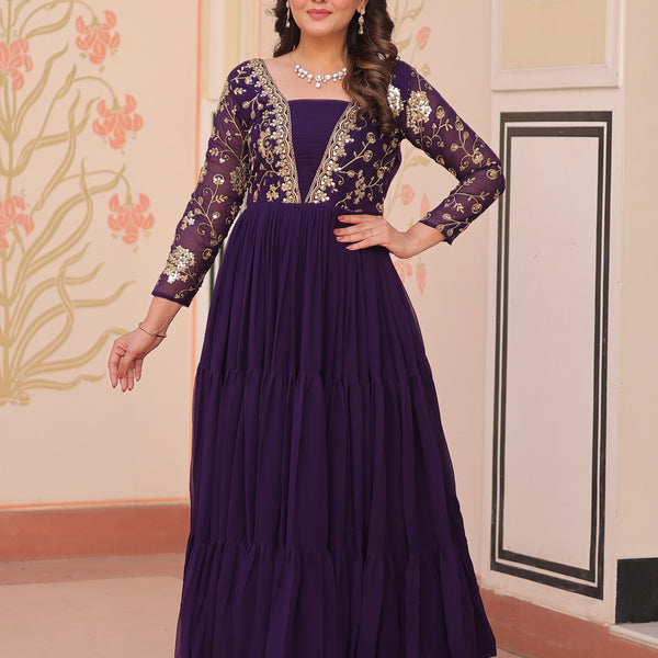 Vedant Vastram Georgette Embroidery & Sequence Work Stitched Ethnic Gown-Purple