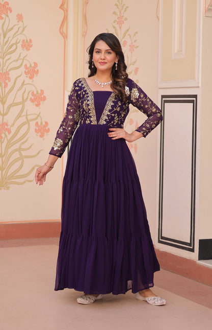 Vedant Vastram Georgette Embroidery & Sequence Work Stitched Ethnic Gown-Purple - Distacart
