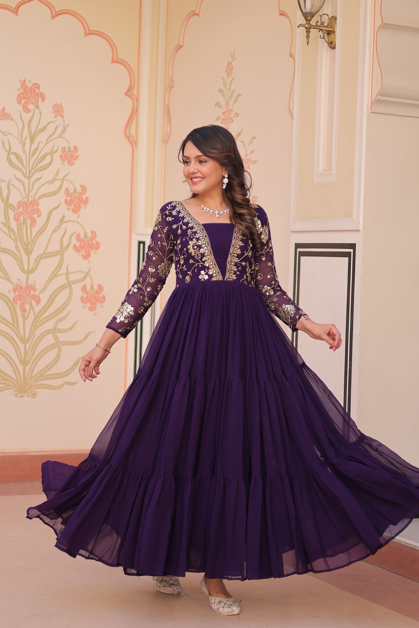 Vedant Vastram Georgette Embroidery & Sequence Work Stitched Ethnic Gown-Purple - Distacart