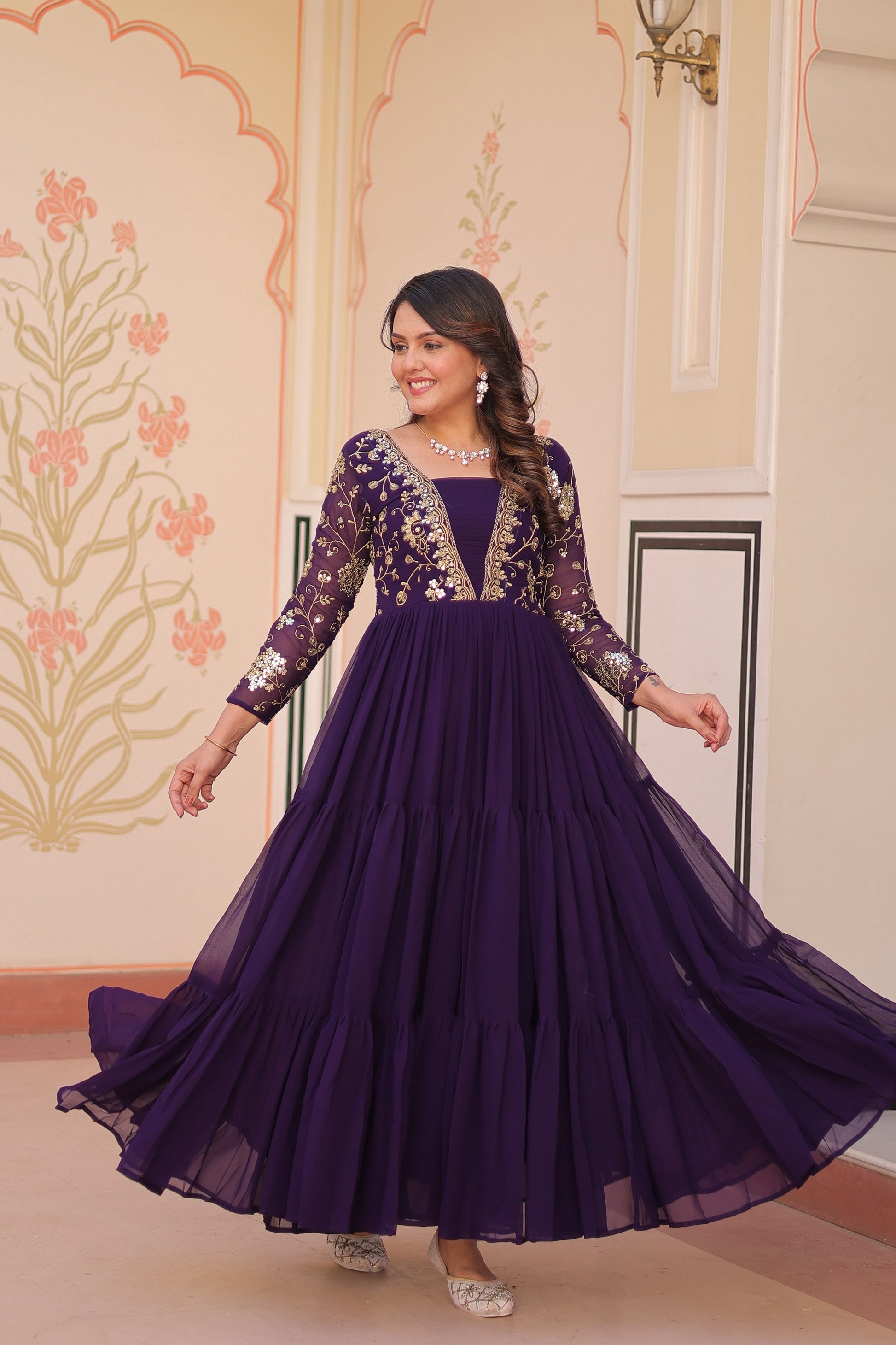 Vedant Vastram Georgette Embroidery & Sequence Work Stitched Ethnic Gown-Purple - Distacart
