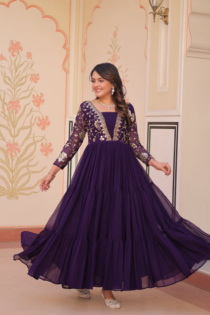Vedant Vastram Georgette Embroidery & Sequence Work Stitched Ethnic Gown-Purple - Distacart