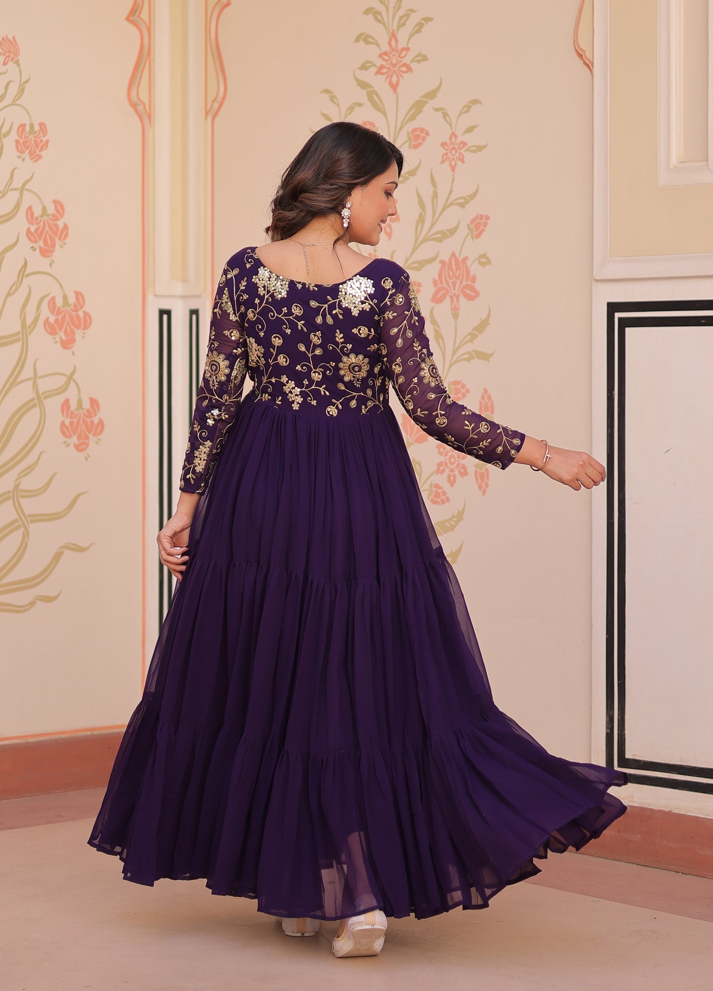 Vedant Vastram Georgette Embroidery & Sequence Work Stitched Ethnic Gown-Purple - Distacart