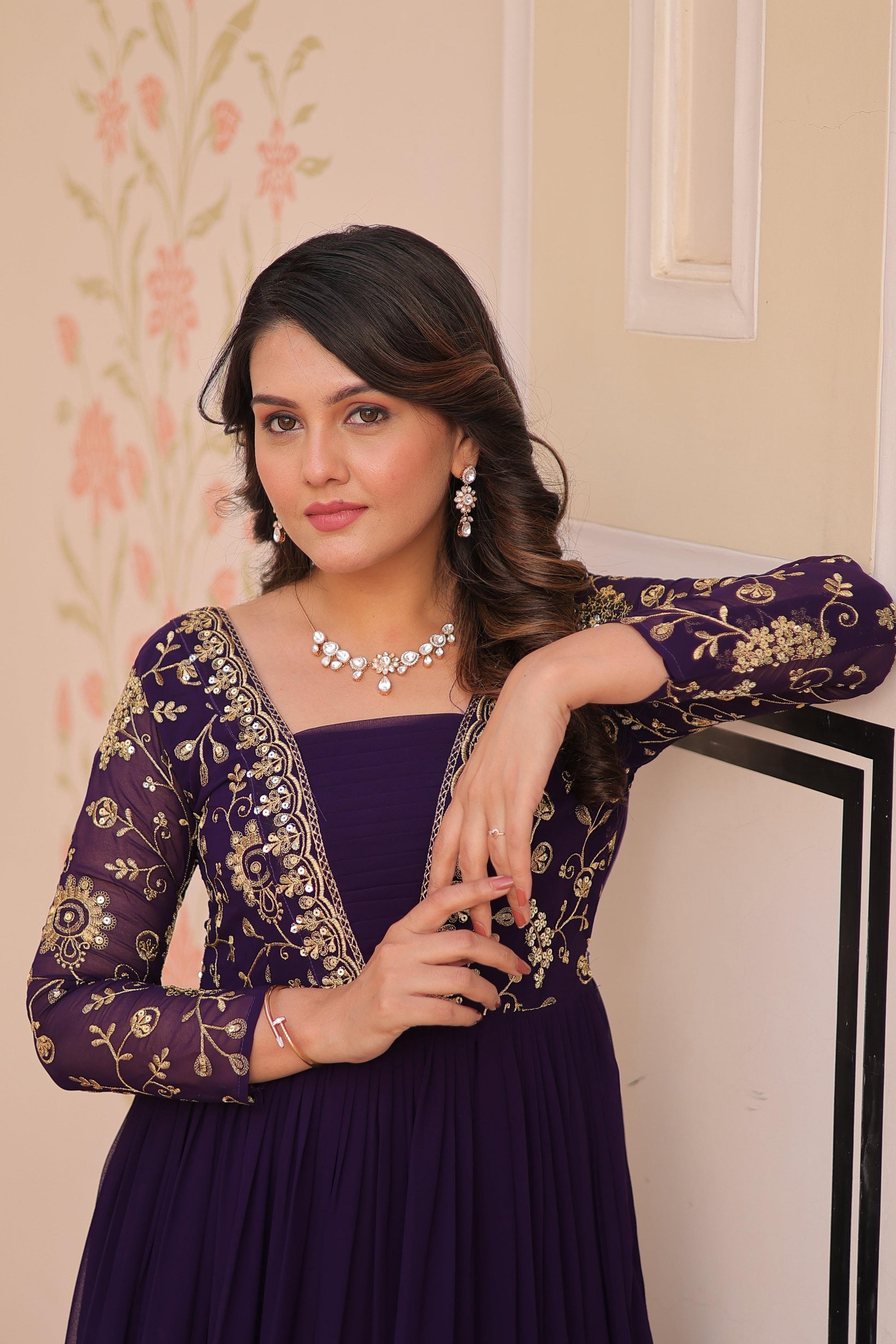 Vedant Vastram Georgette Embroidery & Sequence Work Stitched Ethnic Gown-Purple - Distacart