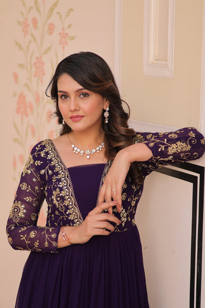Vedant Vastram Georgette Embroidery & Sequence Work Stitched Ethnic Gown-Purple - Distacart