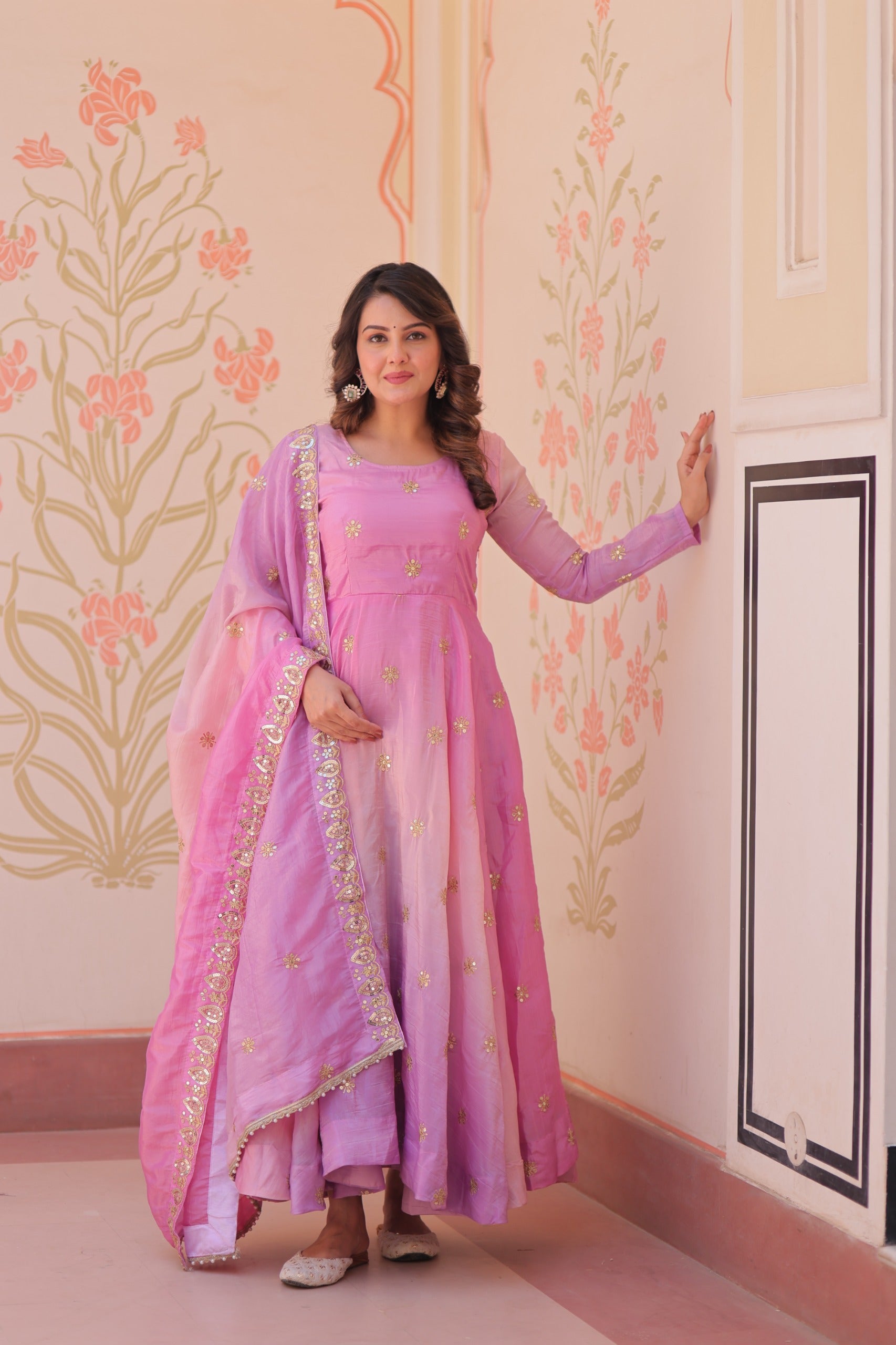 Prazu Fashion Pink Organza Embroidered Gown With Dupatta