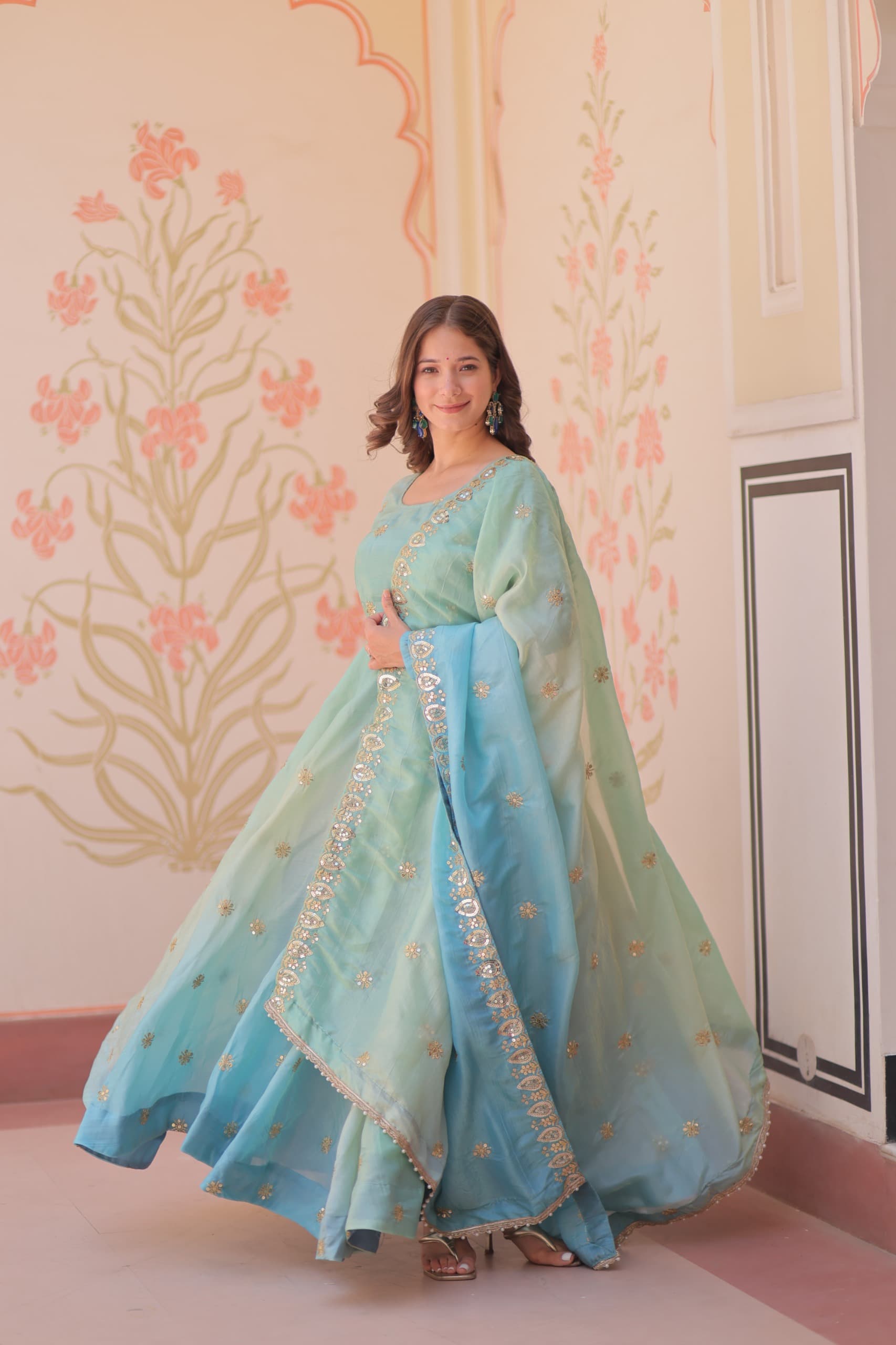Prazu Fashion Sky Blue Organza Embroidered Gown With Dupatta