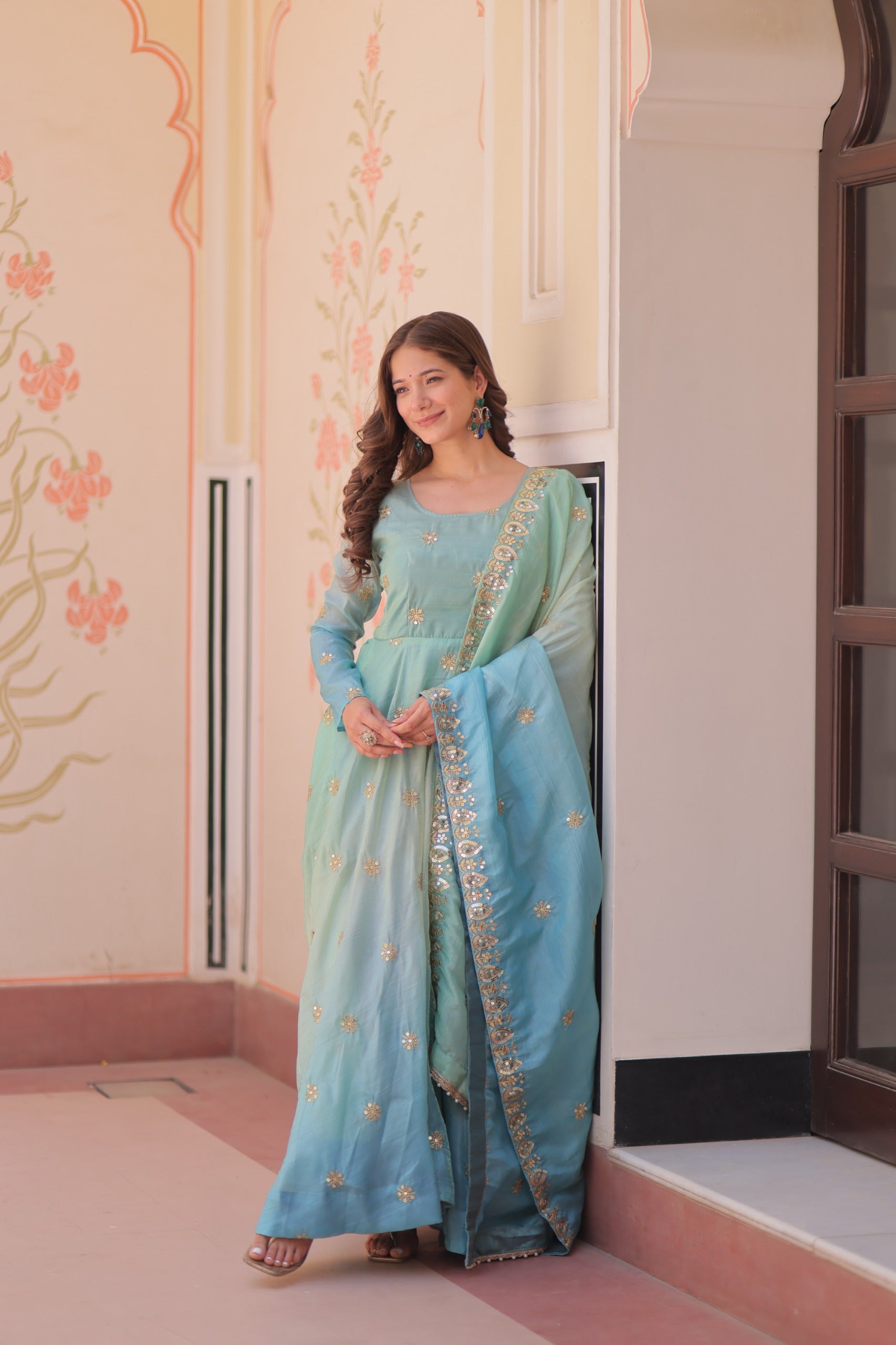 Prazu Fashion Sky Blue Organza Embroidered Gown With Dupatta