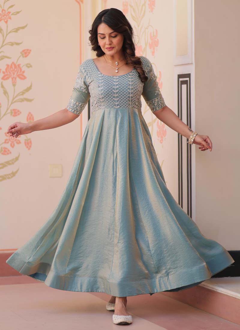 Prazu Fashion Sky Silk Beads Embroidered Gown