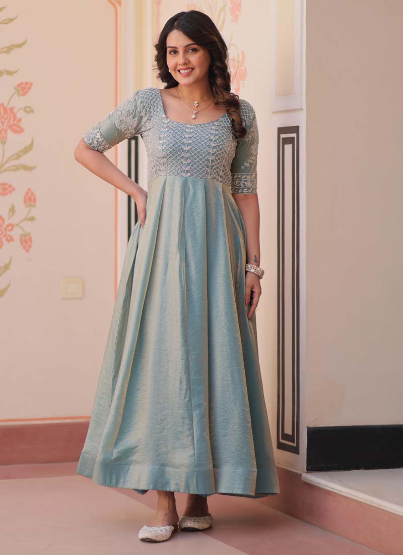 Prazu Fashion Sky Silk Beads Embroidered Gown