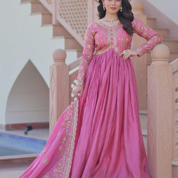 Vedant Vastram Russian Silk Embroidery & Sequence Work Stitched Ethnic Gown-Pink
