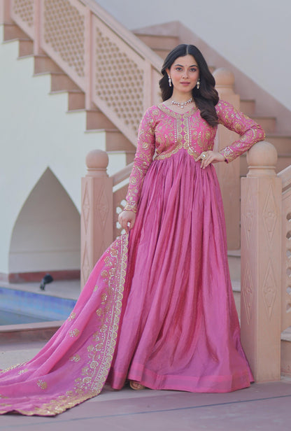 Vedant Vastram Russian Silk Embroidery & Sequence Work Stitched Ethnic Gown-Pink - Distacart
