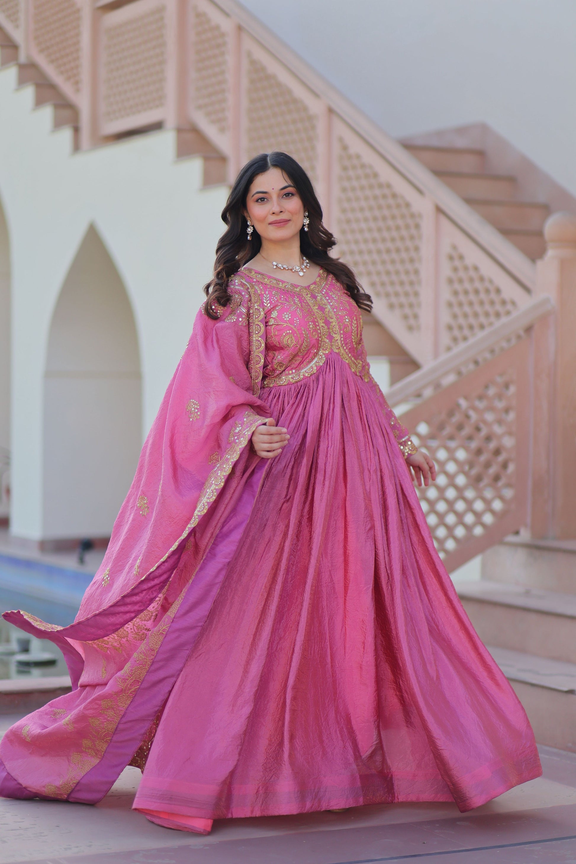 Vedant Vastram Russian Silk Embroidery & Sequence Work Stitched Ethnic Gown-Pink - Distacart