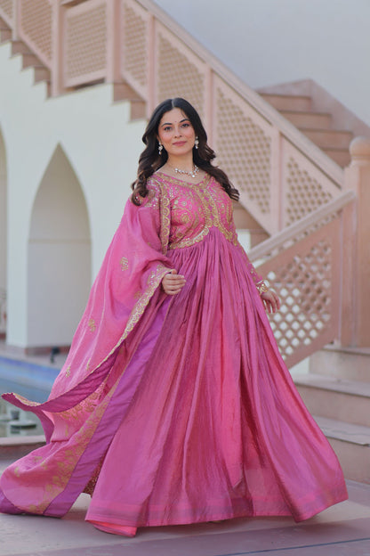 Vedant Vastram Russian Silk Embroidery & Sequence Work Stitched Ethnic Gown-Pink - Distacart