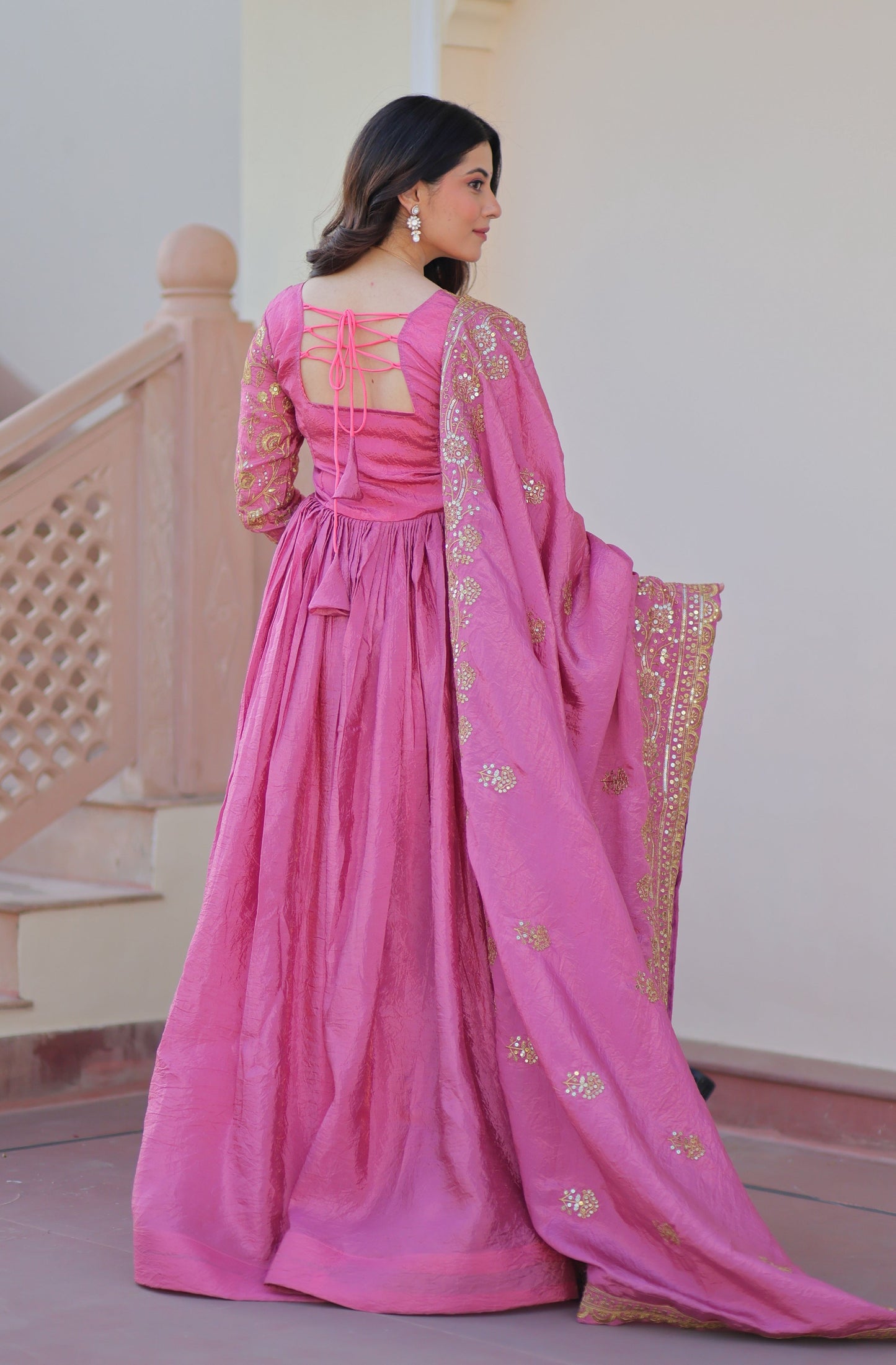 Vedant Vastram Russian Silk Embroidery & Sequence Work Stitched Ethnic Gown-Pink - Distacart
