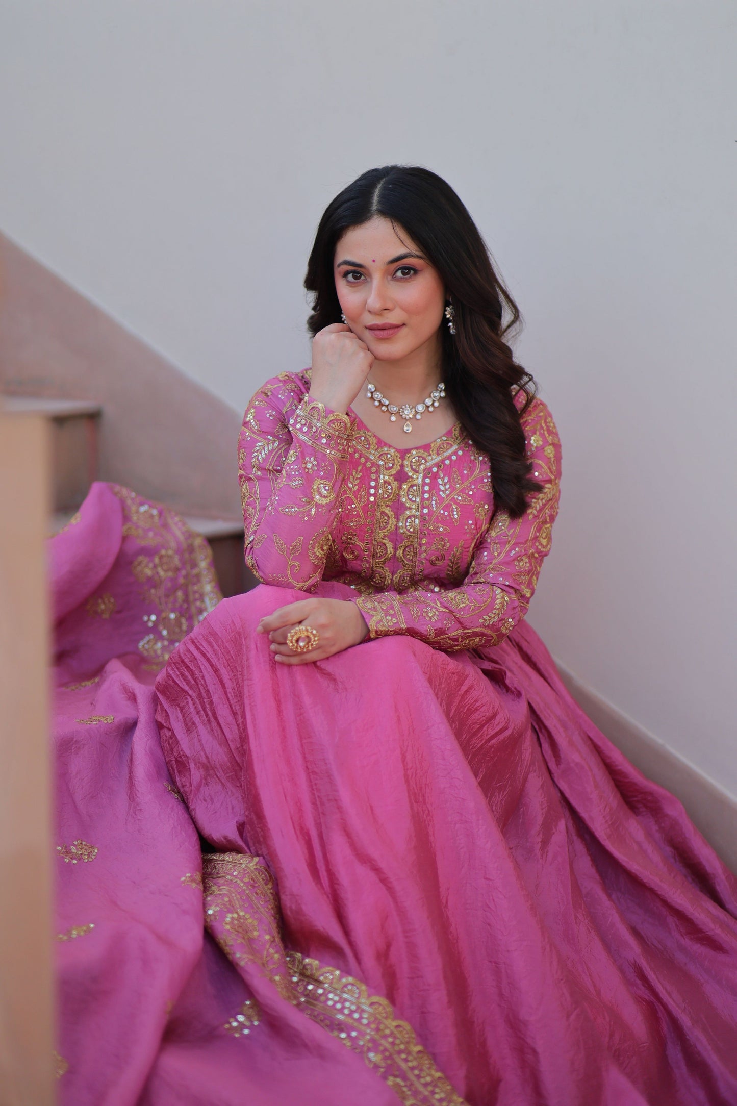 Vedant Vastram Russian Silk Embroidery & Sequence Work Stitched Ethnic Gown-Pink - Distacart