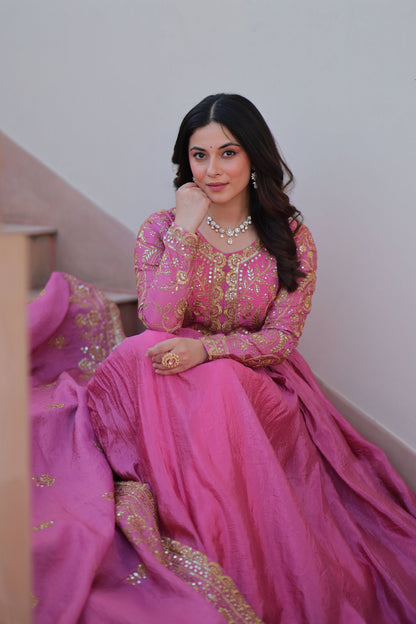 Vedant Vastram Russian Silk Embroidery & Sequence Work Stitched Ethnic Gown-Pink - Distacart