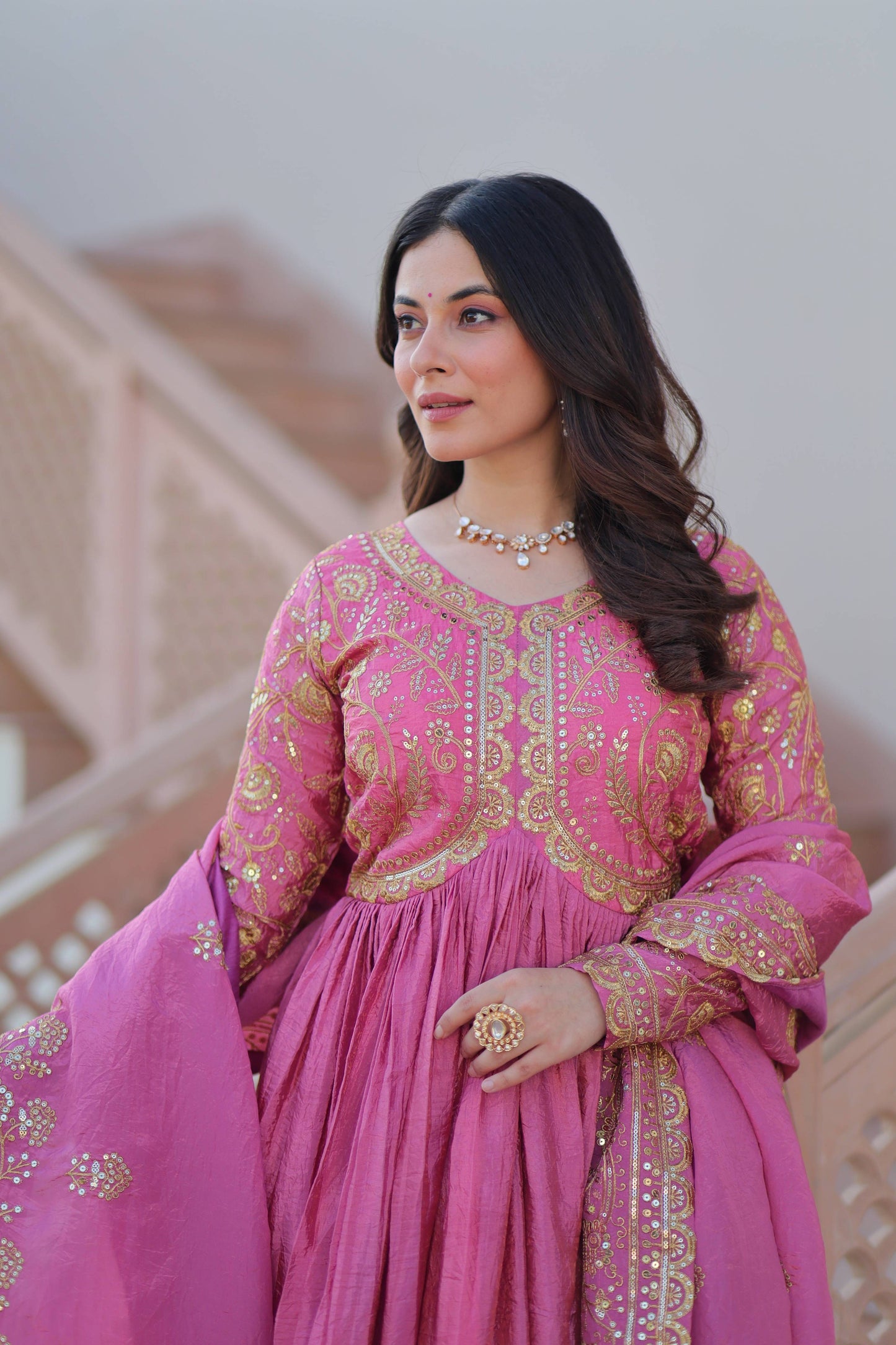 Vedant Vastram Russian Silk Embroidery & Sequence Work Stitched Ethnic Gown-Pink - Distacart
