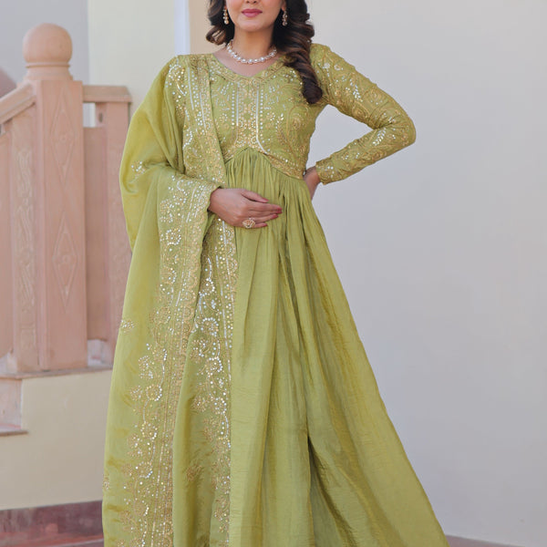 Vedant Vastram Russian Silk Embroidery & Sequence Work Stitched Ethnic Gown-Pista - Distacart