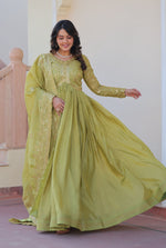 Thumbnail for Vedant Vastram Russian Silk Embroidery & Sequence Work Stitched Ethnic Gown-Pista - Distacart