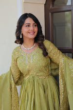 Thumbnail for Vedant Vastram Russian Silk Embroidery & Sequence Work Stitched Ethnic Gown-Pista - Distacart