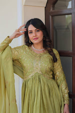 Thumbnail for Vedant Vastram Russian Silk Embroidery & Sequence Work Stitched Ethnic Gown-Pista - Distacart