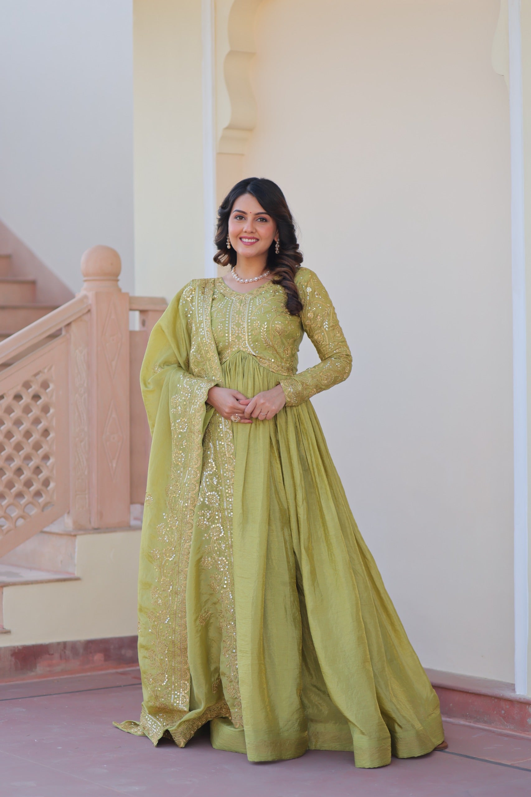 Prazu Fashion Parrot Green Gold Cursh Sequence Gown With Dupatta