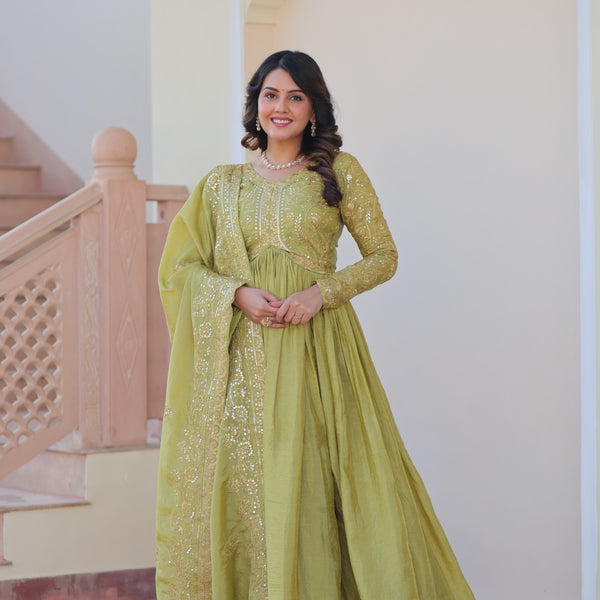 Prazu Fashion Parrot Green Gold Cursh Sequence Gown With Dupatta - Distacart
