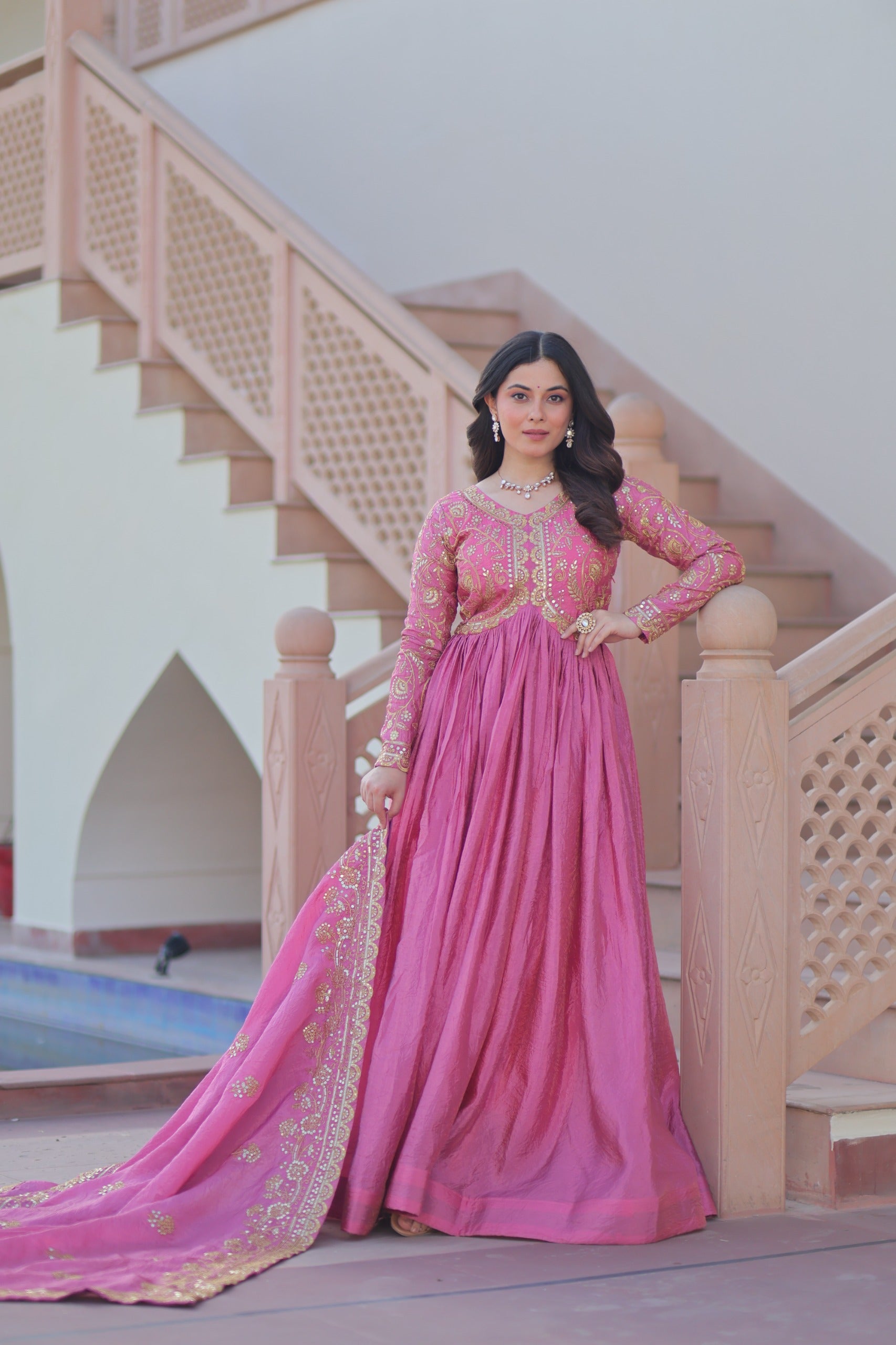 Prazu Fashion Light Pink Gold Cursh Sequence Gown With Dupatta