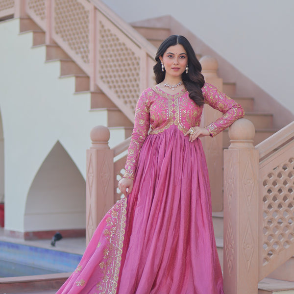 Prazu Fashion Light Pink Gold Cursh Sequence Gown With Dupatta - Distacart