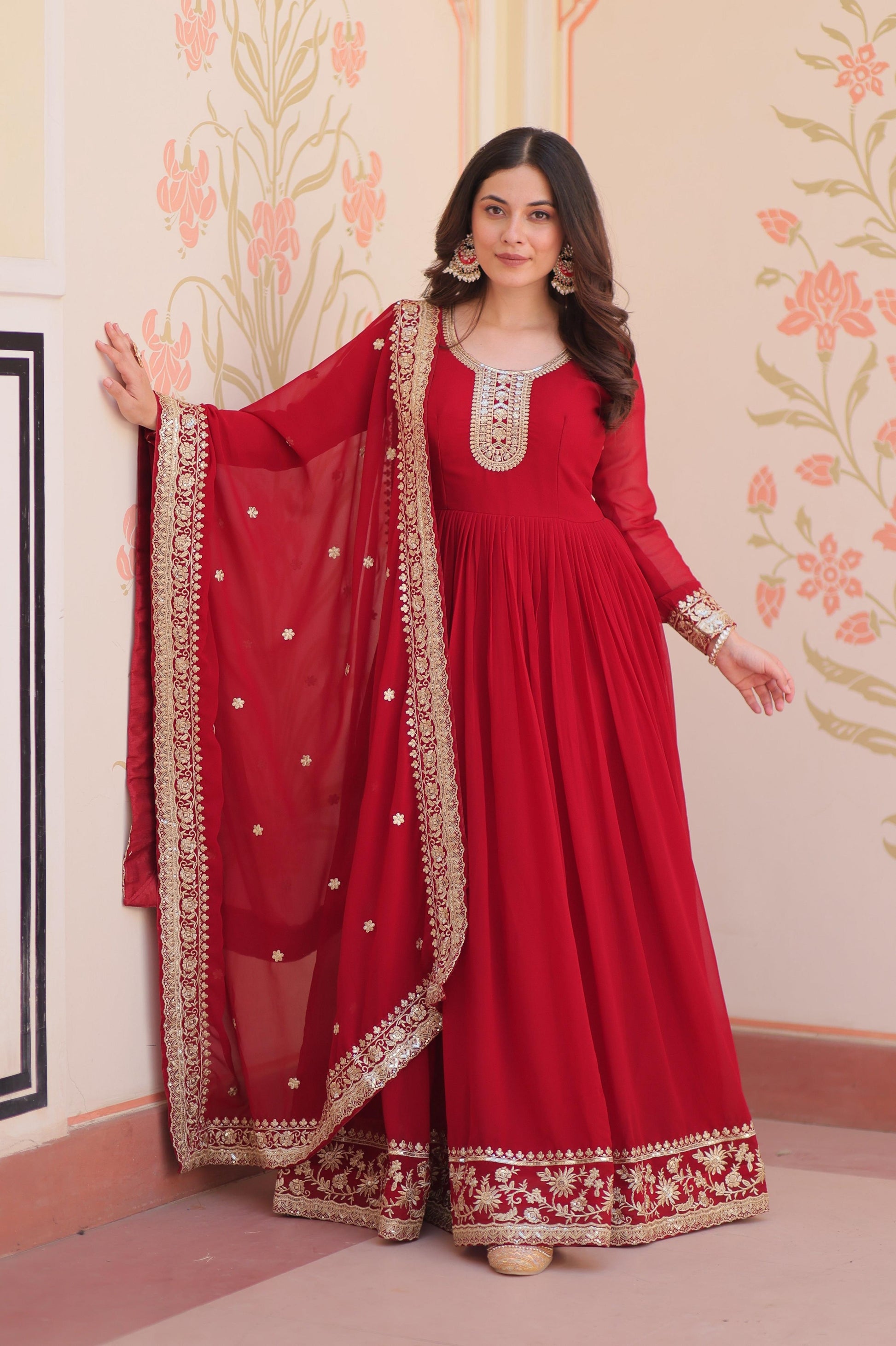 Vedant Vastram Georgette Embroidery & Sequence Work Stitched Ethnic Gown-Maroon - Distacart