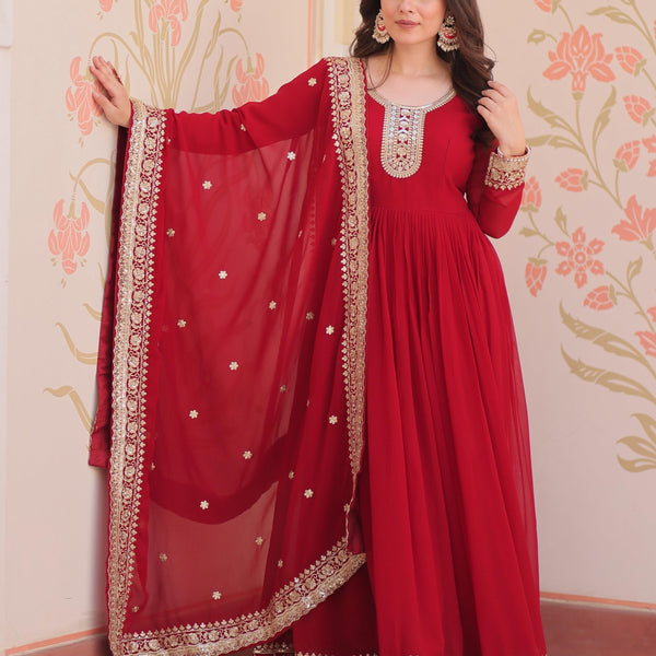 Vedant Vastram Georgette Embroidery & Sequence Work Stitched Ethnic Gown-Maroon